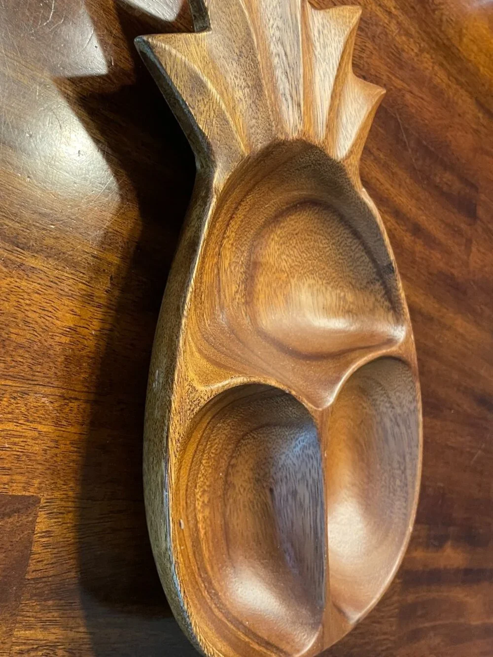 Monkeypod Wooden Carved Pineapple Shaped Candy/Nut Bowl 3 Sections 12